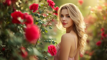 Obraz na płótnie Canvas Beautiful young woman in roses flowers in pink dress, romantic background. Blond young woman leaning on pillow in red roses garden outdoor in spring.