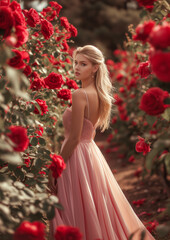 Beautiful young woman in roses flowers in pink dress, romantic background. Blond young woman leaning on pillow in red roses garden outdoor in spring.