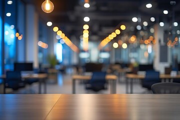 Blurred office background with a focus on wooden tables and glowing overhead lights