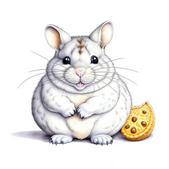 Cute chinchilla with a treat on a white background. Well detailed picture in the style of vintage biological illustration.