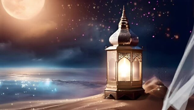 Beautiful islamic blurred background with a shining ramadan lantern. Free space for your text