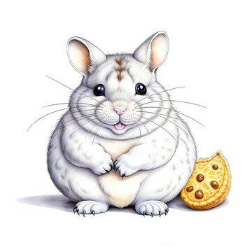 Cute chinchilla with a treat on a white background. Well detailed picture in the style of vintage biological illustration.