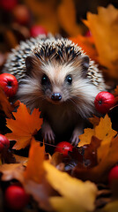 Autumn Whimsy: Hedgehog Amongst Fall Leaves. A curious hedgehog peers out amidst a bed of colorful autumn leaves and red berries, an ideal image for fall-themed designs and wildlife enthusiasts.

