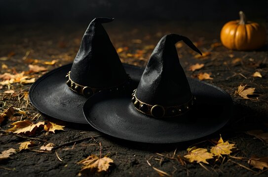 Dos sombreros negros puntiagudos de bruja. Con hojas amarilas. Fondo tematico de halloween 