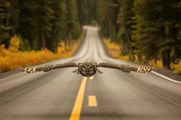 Poster an owl flying down an empty street  © Clemency