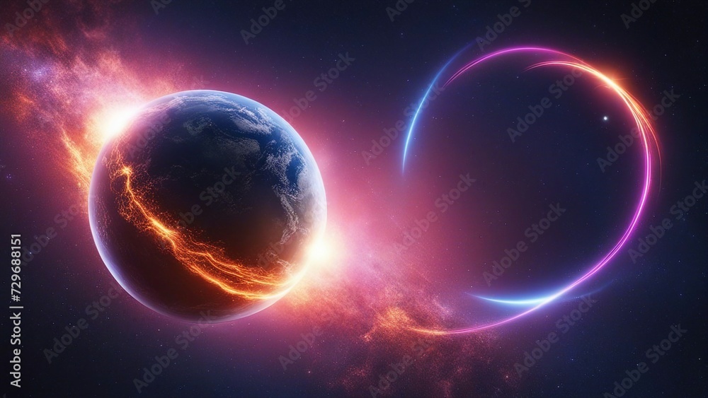Wall mural sun and planet an earth and space sky with a neon space background and a falling meteor.
