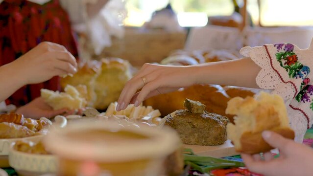 Traditional Easter Food, Girls Celebrate And Eat Delicious Food