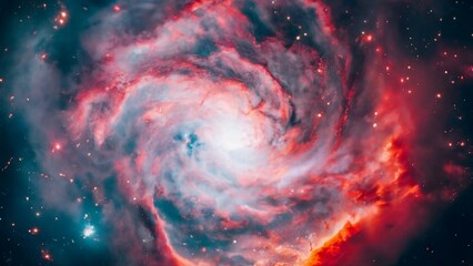 background with space This image shows a red and pink nebula in space, a swirling cloud of gas and dust where stars are born. 