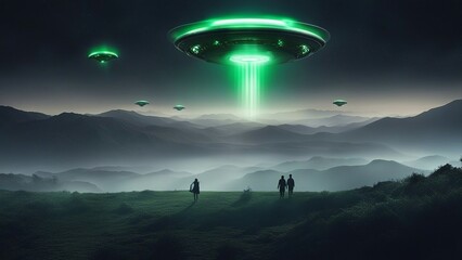  A sci fi space scene with a black and gray UFO vector and a green light beam.  