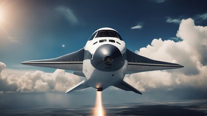 Naklejka na ściany i meble A sleek space shuttle with a silver and blue color scheme and a winged shape. 
