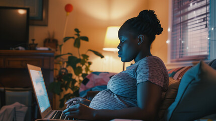 Pregnant young african american woman working remotely from home. Inclusive and diverse workplace. Expectant mother working before maternity leave. AI generated