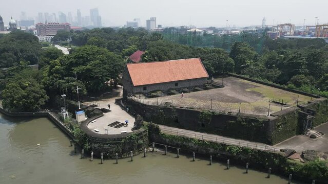 Aerial view of the Baluarte de Santa Barbara bastion, an important historic landmark located next to the  Pasig river in Manila, the capital of Philippines. 