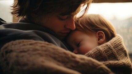 Father gently holding his sleeping child, a moment of paternal love and care - obrazy, fototapety, plakaty