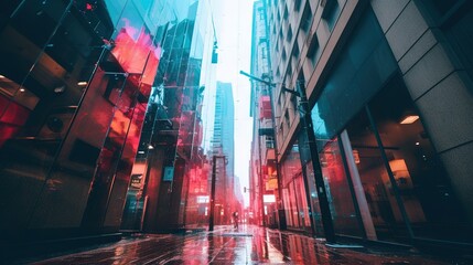 Obraz premium Rain-soaked city streets with vibrant reflections and a futuristic red glow