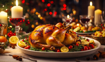 Big festive dinner with roasted chicken and various garnishing. Christmas American family dinner table concept, perfect composition, beautiful detailed , 8k photography, photorealistic , soft cinemati