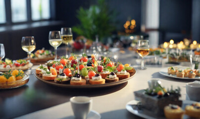 Catering in the office. Table with canapes and various snacks served on the background of a business meeting, perfect composition, beautiful detailed , 8k photography, photorealistic , soft cinematic  - obrazy, fototapety, plakaty