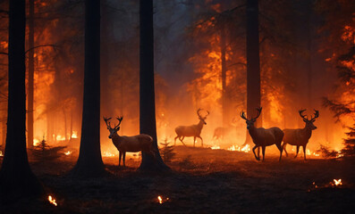 uncontrolled fire in the forest, animals are running outside, night dark orange light, silhouettes . Perfect composition, beautiful detailed , 8k photography, photorealistic , soft natural perfect lig