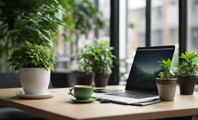 Cup of coffee and laptop computer on table in coworking space or coffee shop with nobody., Perfect composition, beautiful detailed , 8k
