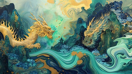 Year of the Dragon, Chinese dragon fighting Monster Nian, Spring Festival, Lunar New Year, chinese traditional painting, 3d wallpaper, landscape background, gold, blue, green, generative AI - obrazy, fototapety, plakaty