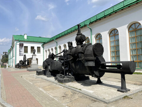 Yekaterinburg, Russia, July, 20, 2021.Steam Reverse  machine, late 19th century in front of the Museum of Architecture and Design in Yekaterinburg