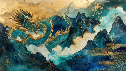 Deurstickers Chinese dragon, Year of the Dragon, blue dragon, 3d wallpaper, mountain and river fantasy landscape background inspired by chinese traditional ink painting, gold, blue, green, generative AI © Be Doa