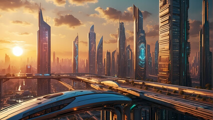 Sun Set over futuristic city