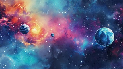 Vibrant watercolor cosmic scene with planets and nebulae. Wall art wallpaper - obrazy, fototapety, plakaty