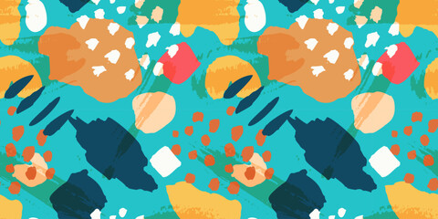 Abstract bright colors seamless pattern with hand drawn sketchy shapes and brush strokes. Trendy orange and teal texture for textile, wrapping paper, cover, surface, wallpaper