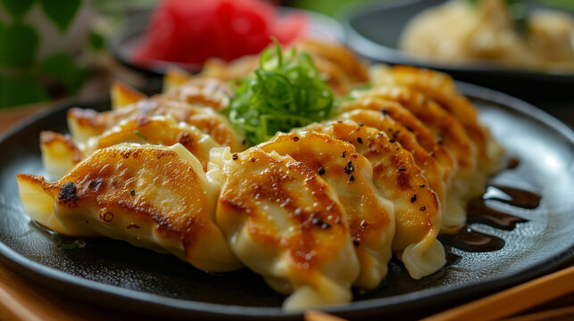 A plate of Japanese gyoza dumplings garnished with fresh spring onions.