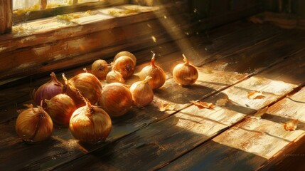 A Cluster of Onions Placed on a Solid Wooden Table