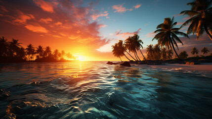 Fototapeta na wymiar sunset beach background on realistic tropical island sea beach with palm trees, Sunset beach