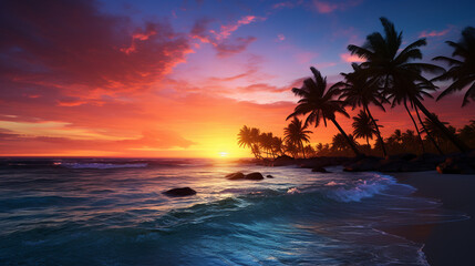 Beautiful Caribbean colorful sunset scenery on realistic sea beach background Image
