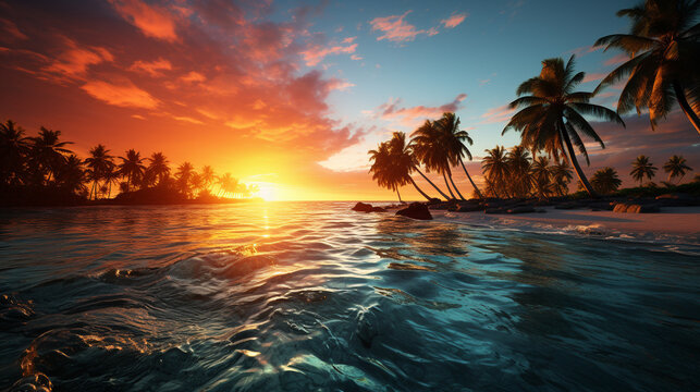 sunset beach background on realistic tropical island sea beach with palm trees, Sunset beach