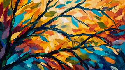 Vibrant Painting of Tree With Colorful Leaves, Natures Brilliant Artwork.