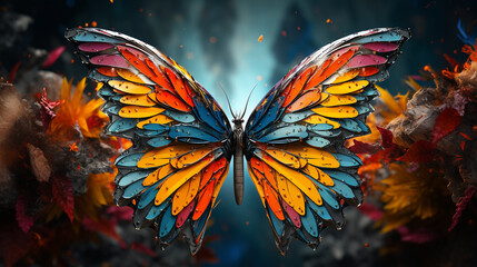 Multicolor fantasy abstract wings cute butterfly insects flying on flowers, fictional butterfly designs
