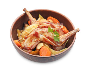 Tasty cooked rabbit with vegetables in bowl isolated on white