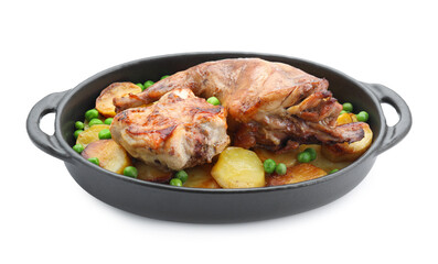 Tasty cooked rabbit with vegetables in baking dish isolated on white