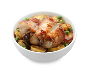 Tasty cooked rabbit with vegetables in bowl isolated on white