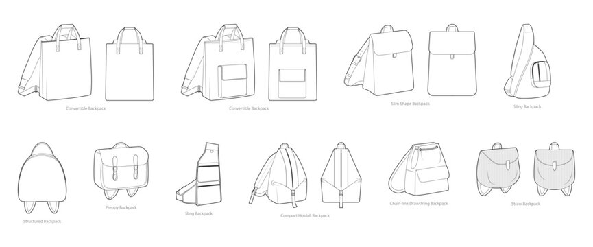 Set of novelty backpacks silhouette bags. Fashion accessory technical illustration. Vector schoolbag front 3-4 view for Men, women, unisex style, flat handbag CAD mockup sketch outline isolated