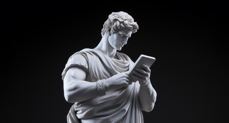 Athletic male is using his smartphone on black background. Greek marble statue holding mobile. Modern Antiquity. Connected Through Ages. - obrazy, fototapety, plakaty