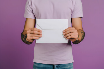 men holding an envelope on a purple background in