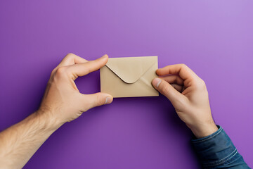 men holding an envelope on a purple background in - obrazy, fototapety, plakaty