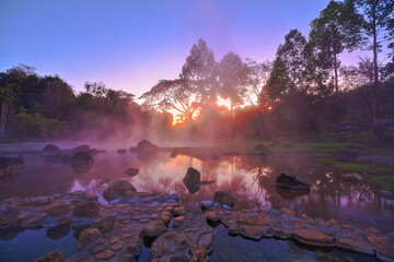 Chae Son Hot Spring is an area of nine boreholes emitting hot water with sulfurous fumes from deep earth