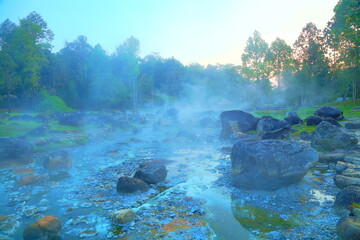 Chae Son Hot Spring is an area of nine boreholes emitting hot water with sulfurous fumes from deep earth
