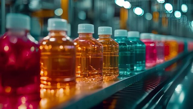 Fluid Symphony: The Mesmerizing Dance of Liquid-Filled Bottles on a Conveyor Belt