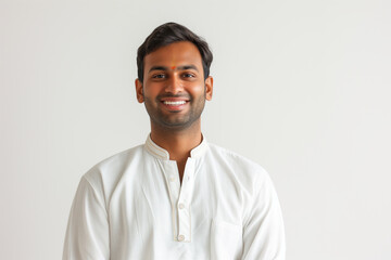 Obraz premium man 30 years old on a white background in casual modern clothes, his nationalitie is Brahmin (India), the characteristic features of appearance for the Brahmin (India)