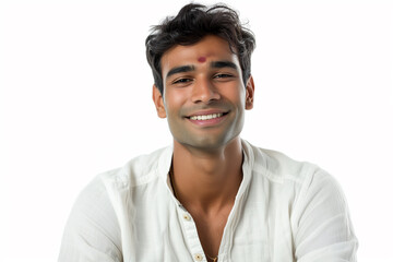 Fototapeta premium man 30 years old on a white background in casual modern clothes, his nationalitie is Brahmin (India), the characteristic features of appearance for the Brahmin (India)