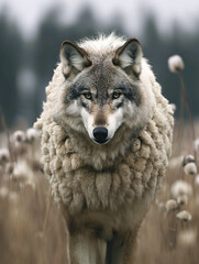 Obraz premium Wolf in Sheep's Clothing - Predator Stalking Prey while Disguised as a Sheep