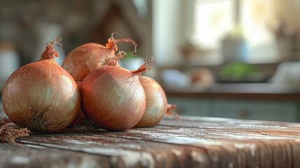 Group of Onions on Wooden Table