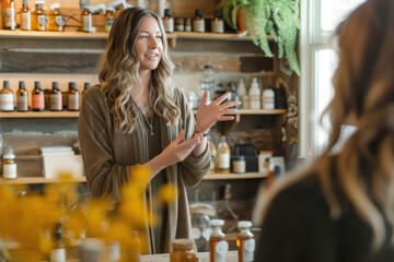 A woman explains products at an essential oils workshop, surrounded by shelves of bottled oils.